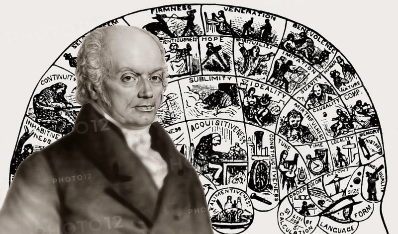 Franz Joseph Gall, 1758-1828, German neuroanatomist and physiologist with a Phrenological Chart, head with mental and moral faculties