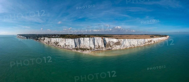 Aerial panorama landscape view of the White Cliffs of Dover and the South Foreland on the English Channel
