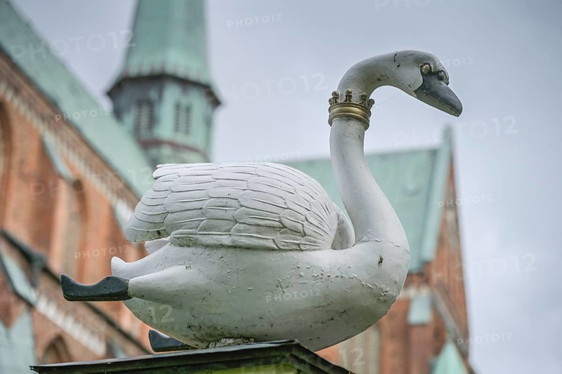 Swan sculpture, Johann Sebastian Bach Garden, Bad Doberan, Mecklenburg-Vorpommern, Germany, Europe