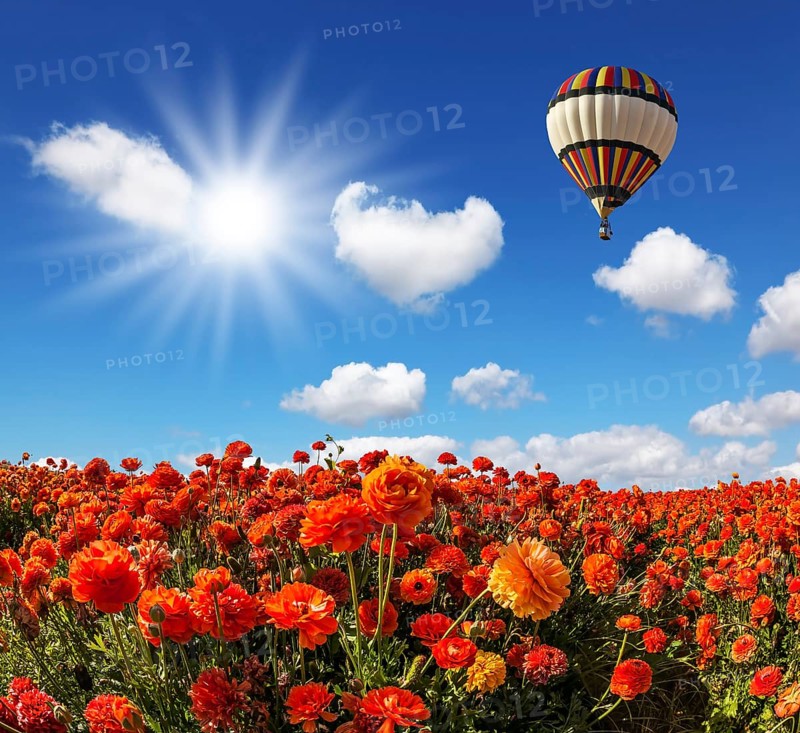 The bright spring sun and multi-color balloon over the fields of red garden buttercups. Concept of rural and extreme tourism