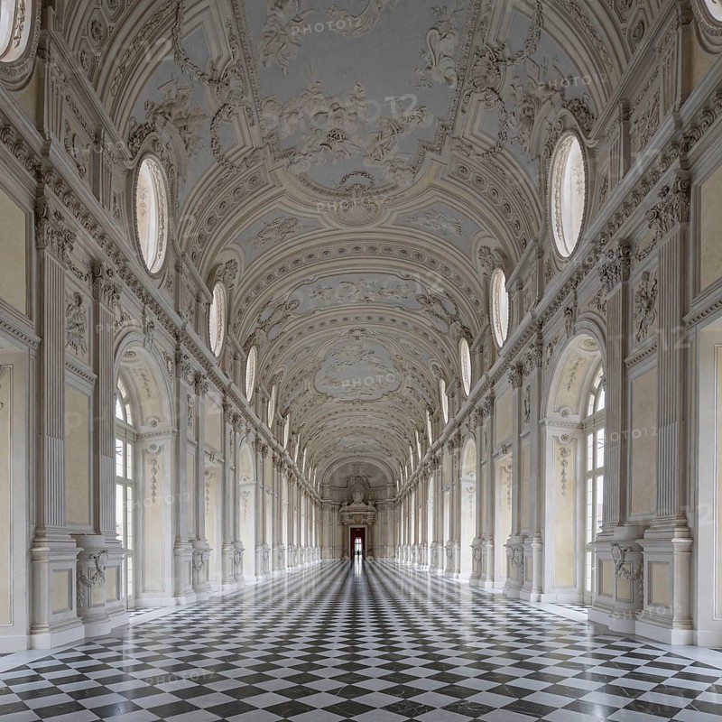 Magnificent Baroque interior with long corridors and high ceilings, Palace of Venaria Reale, Residences of the House of Savoy, Turin, Piedmont, Italy, Europe