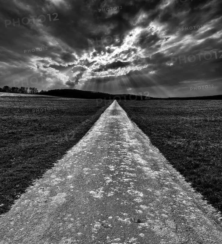 Bike path R1 with a dramatic cloudy sky, near Wesertal, Weser Uplands, Weserbergland, Hesse, Germany, digitally edited, Europe