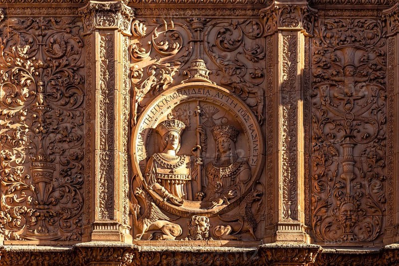 Beautiful view of detail of decoration of famous facade of University of Salamanca, the oldest university in Spain, Castilla y Leon region. Plateresque architecture