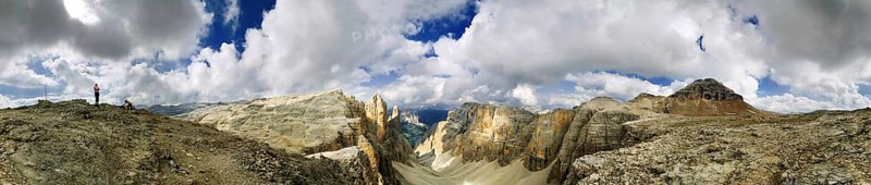 360°Panoramic view of the Sella massif with view the Mittagstal valley and the Piz Boe, South Tyrol, Italy 360 ° Panoramic view of the Sella with view the Mittagstal valley and the Piz Boé, South Tyrol, Italy, Europe