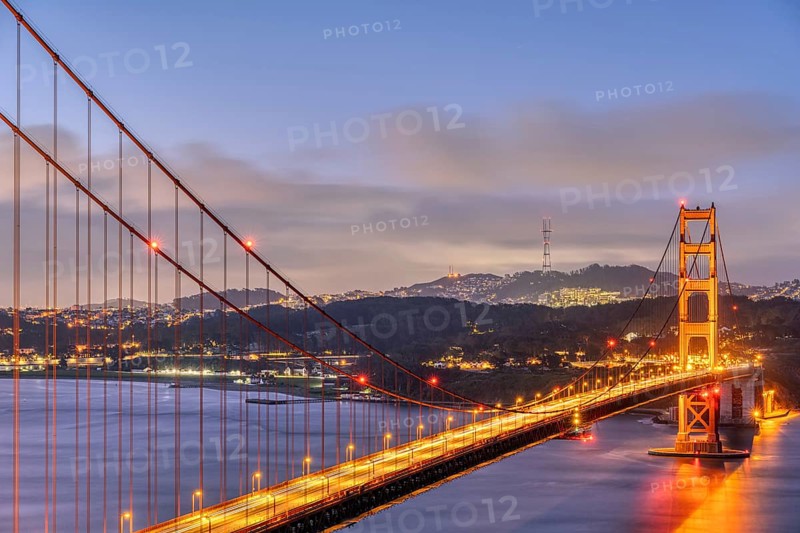 The famous Golden Gate Bridge in San Francisco in front of sunrise
