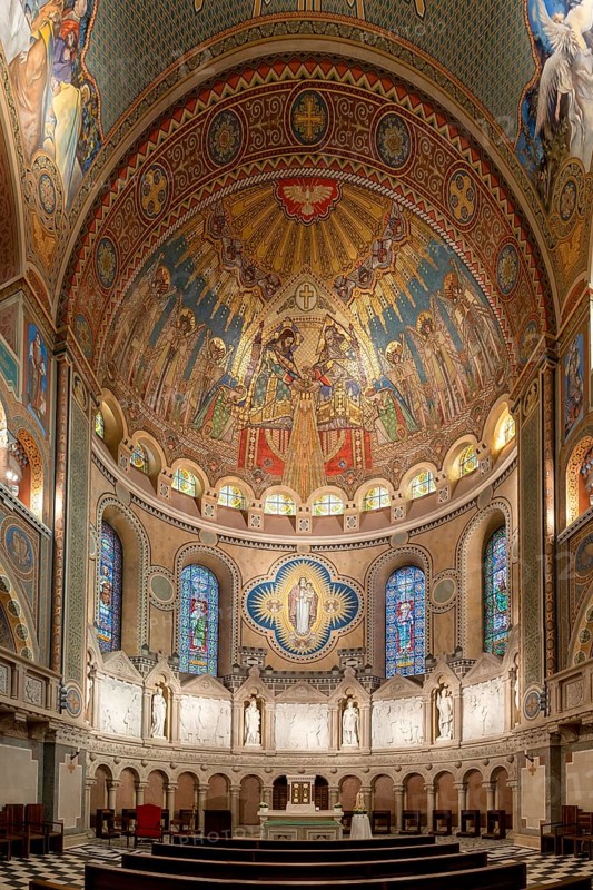 Szeged, Hungary, 14 October, 2022: view of the Our Lady of Hungary fresco and the main altar in the Votive Church in Szeged, Europe