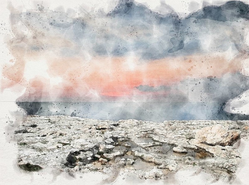 A beautiful watercolor after sunset scene with glowing twilight sky illuminated with pink over a calm dark blue sea with white limestone cliffs and rock pools