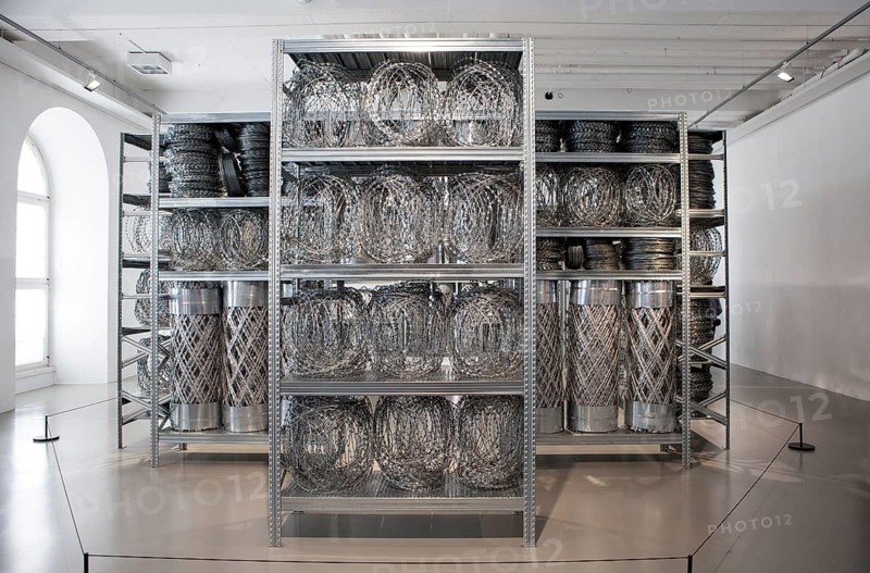 Fencing and steel shelves, Acropolis Redux, Stathis Logothetis, installation by the conceptual artist Kendell Geers, Fridericianum, documenta 14 exhibition, 2017, Kassel, Germany, Europe