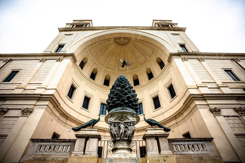 Monumental pine cone fountain with sculptures in an inner courtyard of the Vatican, Rome