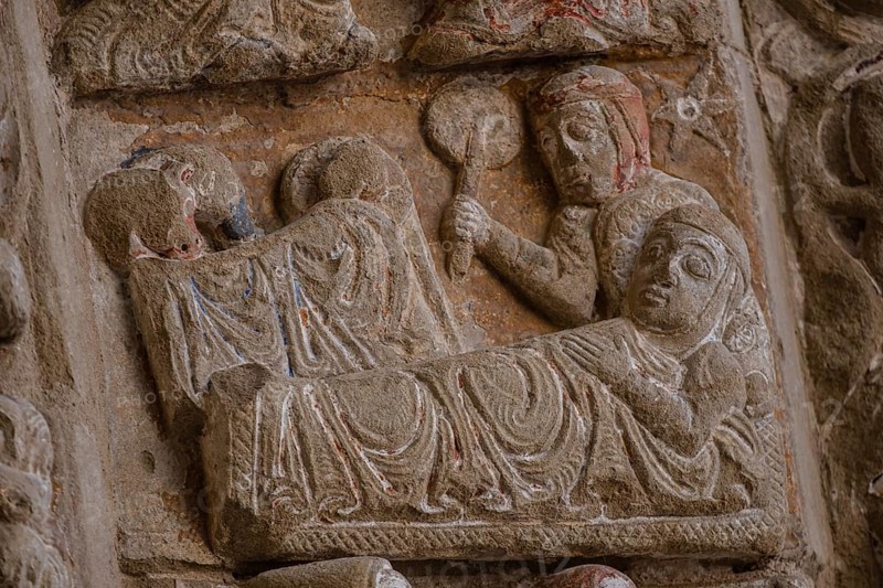 North Romanesque portal, birth of Christ, Church of El Salvador, Romanesque from the 13th century, Ejea de los Caballeros, Cinco Villas, Aragon, Spain, Europe