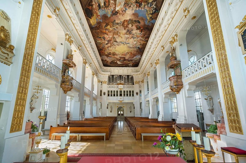 The organ loft with ceiling fresco of the Roman Catholic Church of St Verena, Bad Wurzach, Allgäu, Baden-Württemberg, Germany, Europe