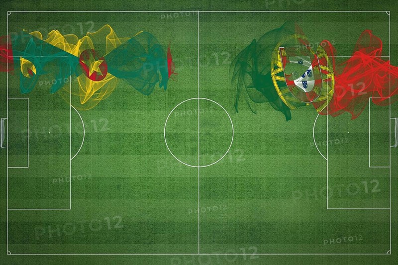 Grenada vs Portugal Soccer Match, national colors, national flags, soccer field, football game, Competition concept, Copy space
