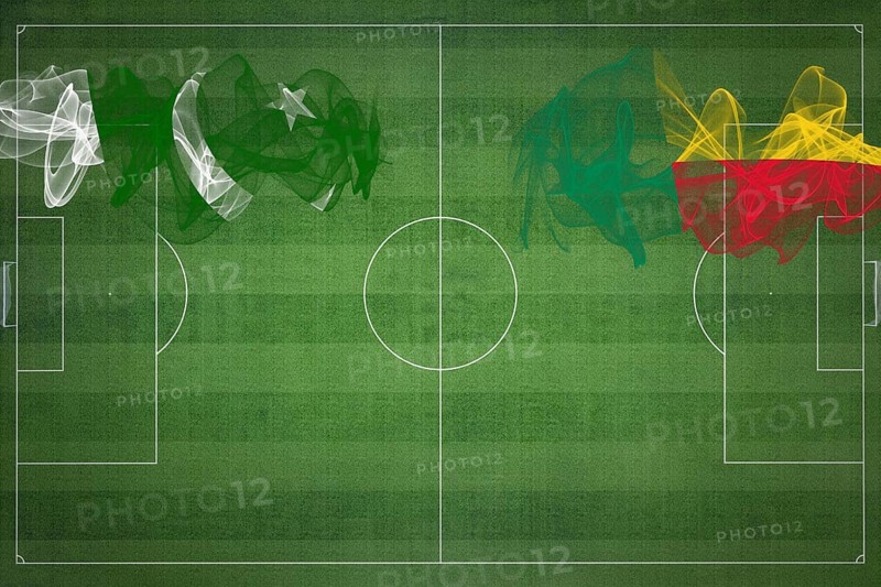 Pakistan vs Benin Soccer Match, national colors, national flags, soccer field, football game, Competition concept, Copy space