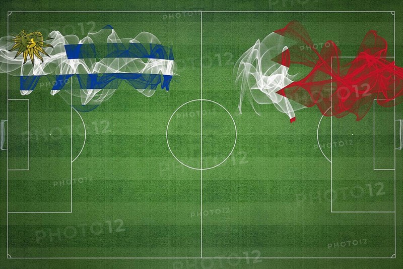 Uruguay vs Bahrain Soccer Match, national colors, national flags, soccer field, football game, Competition concept, Copy space