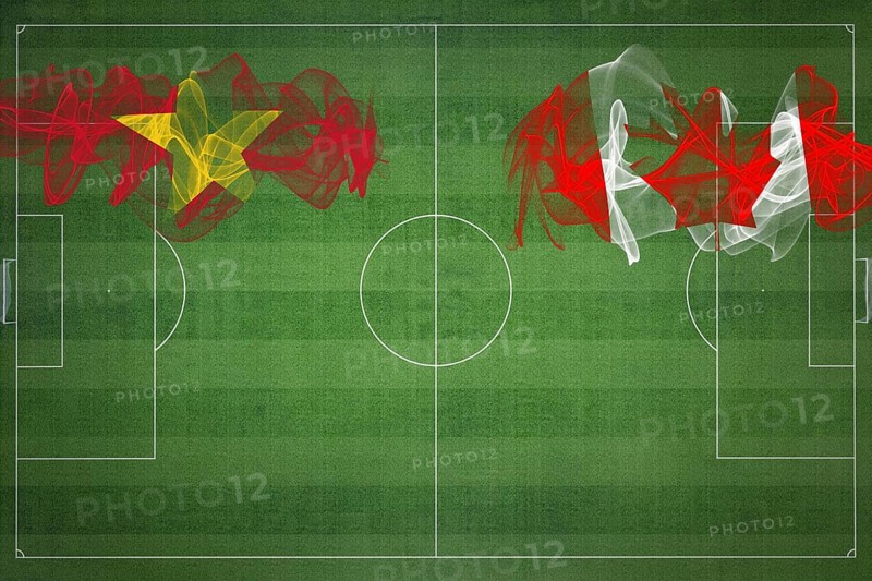 Vietnam vs Canada Soccer Match, national colors, national flags, soccer field, football game, Competition concept, Copy space