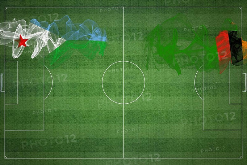 Djibouti vs Zambia Soccer Match, national colors, national flags, soccer field, football game, Competition concept, Copy space