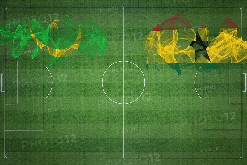 Mauritania vs Ghana Soccer Match, national colors, national flags, soccer field, football game, Competition concept, Copy space