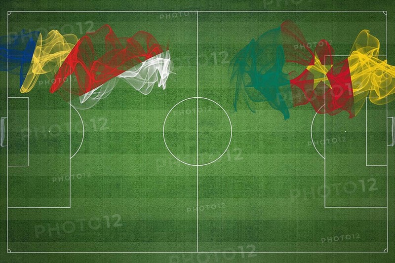 Seychelles vs Cameroon Soccer Match, national colors, national flags, soccer field, football game, Competition concept, Copy space