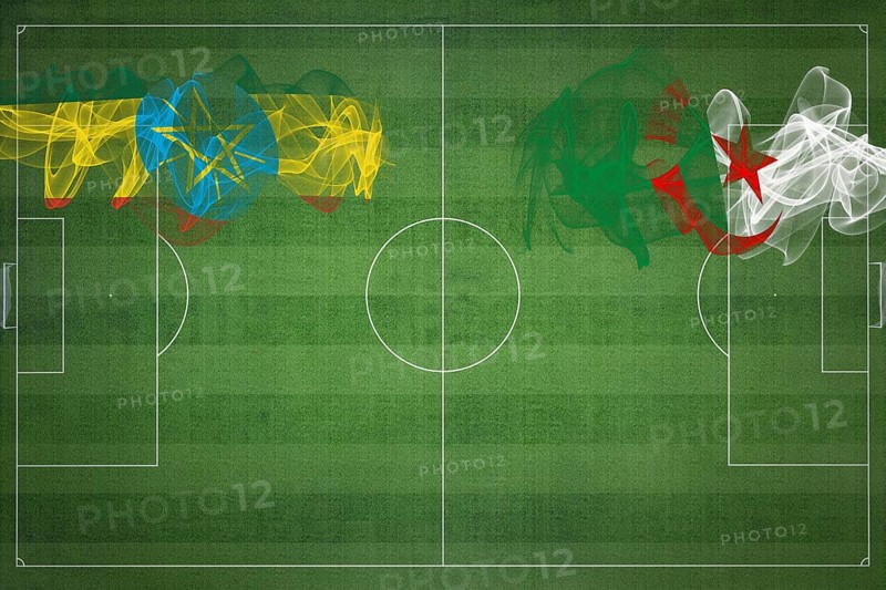 Ethiopia vs Algeria Soccer Match, national colors, national flags, soccer field, football game, Competition concept, Copy space