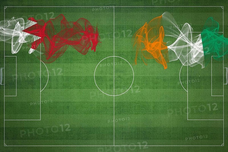 Bahrain vs Ivory Coast Soccer Match, national colors, national flags, soccer field, football game, Competition concept, Copy space