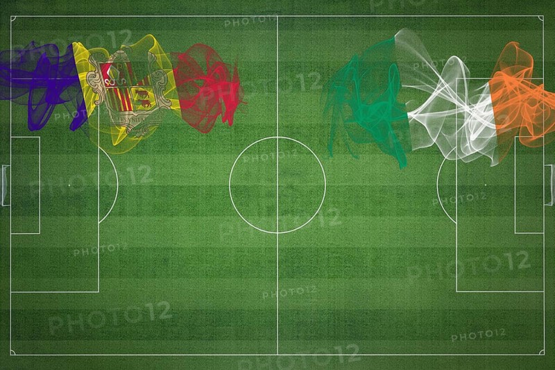 Andorra vs Ireland Soccer Match, national colors, national flags, soccer field, football game, Competition concept, Copy space