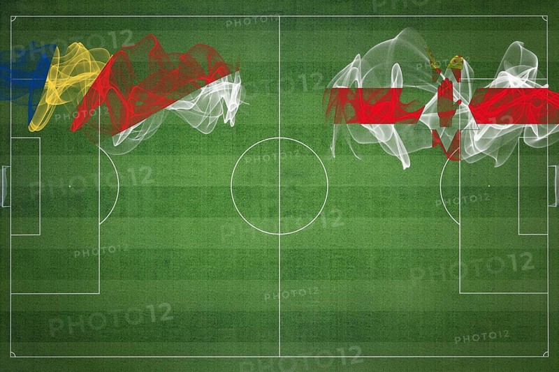 Seychelles vs Northern Ireland Soccer Match, national colors, national flags, soccer field, football game, Competition concept, Copy space