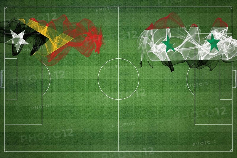 East Timor vs Syria Soccer Match, national colors, national flags, soccer field, football game, Competition concept, Copy space