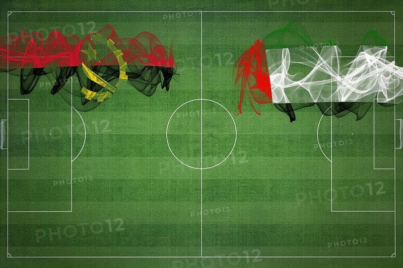 Angola vs United Arab Emirates Soccer Match, national colors, national flags, soccer field, football game, Competition concept, Copy space