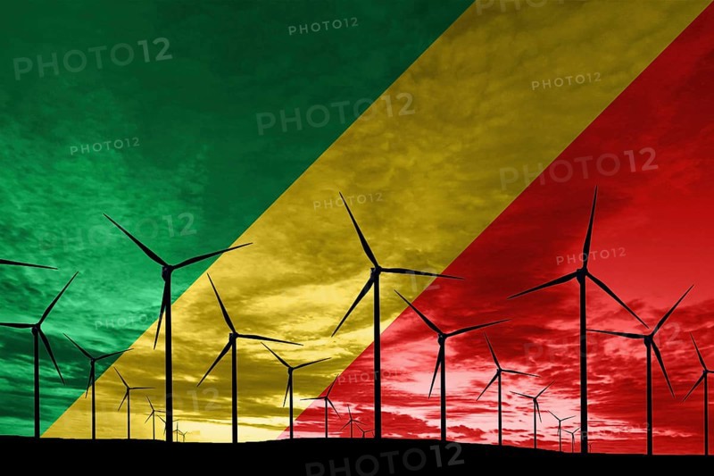 Republic of the Congo flag wind farm at sunset, sustainable development, renewable energy Wind Turbines