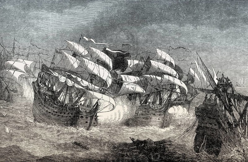 Sir Francis Drake attacking the Spanish Armada, 1588, From British Battles on Land and Sea, by James Grant