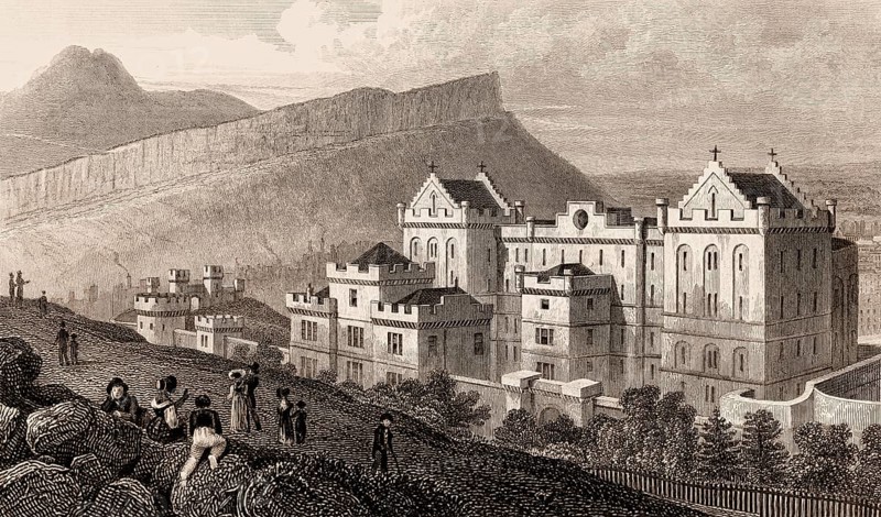 The new Bridewell, Salisbury Crags, and Arthur's Seat from Calton Hill, Edinburgh, Scotland, 19th century, from Modern Athens by Th. H. Shepherd