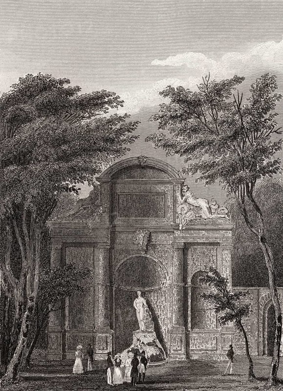 Parc de Saint-Cloud, near Paris, antique steel engraved print, 1831