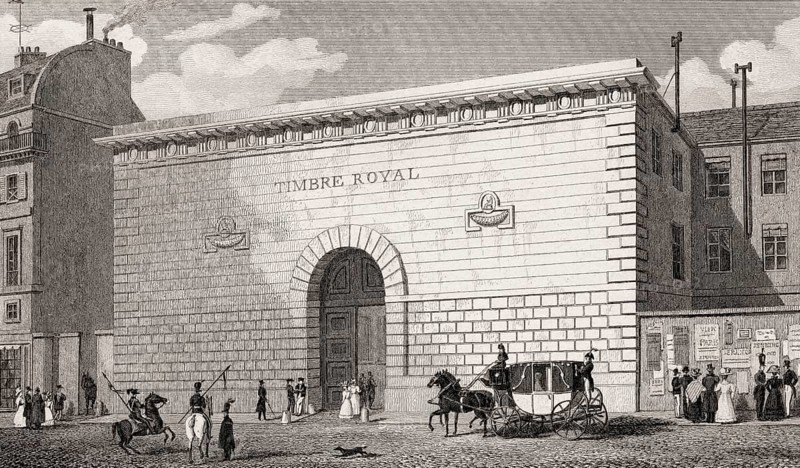 Timbre Royal, Hotel du Timbre, antique steel engraved print, 1831