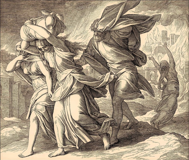 Lot and his family fleeing from burning Sodom and Gomorrah, Old Testament, by Julius Schnorr von Carolsfeld, 1860