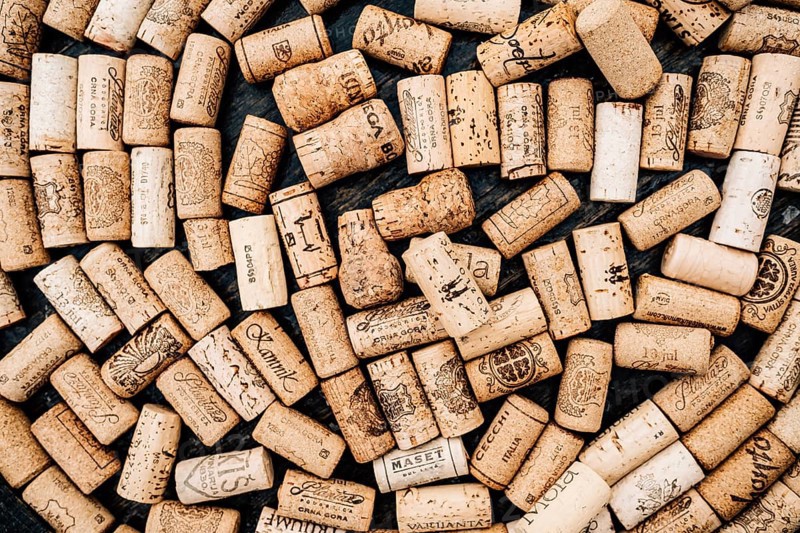 Budva, Montenegro - 21 august 2020: Close-up of collection of wine bottle corks with lettering