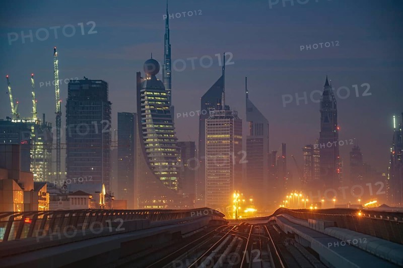 Dubai sunrise landscape (from the United Arab Emirates Dubai Metro). Shooting Location: Dubai