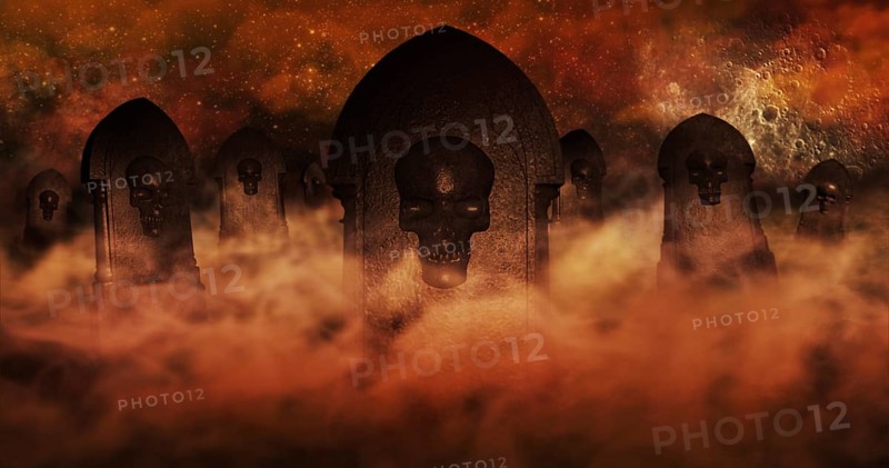 Cemetery At Night With Tombstones With Skulls And Burning Sky Full Of Clouds and Stars in The Background. Halloween Concept 3D illustration