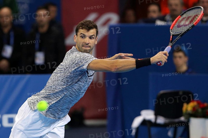 Sofia, Bulgaria - February 9, 2017: Grigor Dimitrov (pictured) from Bulgaria plays against Jerzy Janowicz from Poland during a match from Sofia Open 2017 tennis tournament
