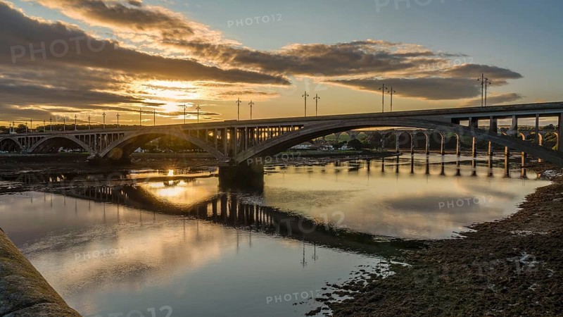Royal Tweed Bridge and Royal Border bridge in the background, leading over the River Tweed in Berwick-Upon-Tweed, Northumberland, England, UK