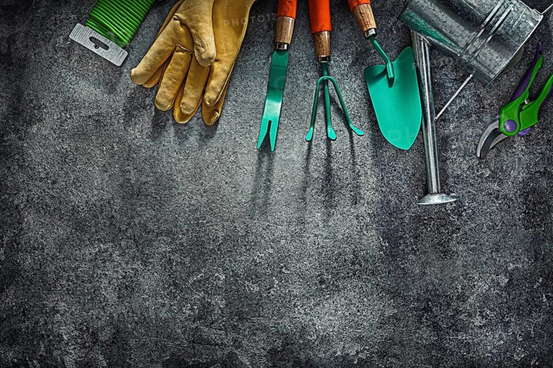 Garden Tools On Dark Gray Background Flatlay Free Space