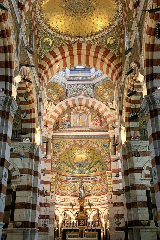 Interior neo-Romanesque-Byzantine Marian pilgrimage church Basilica Notre Dame de la Garde, also known as La Bonne Mere, Marseille, Bouches du Rhone department, Provence Alpes Cote d'Azur region, France, Mediterranean Sea, Europe