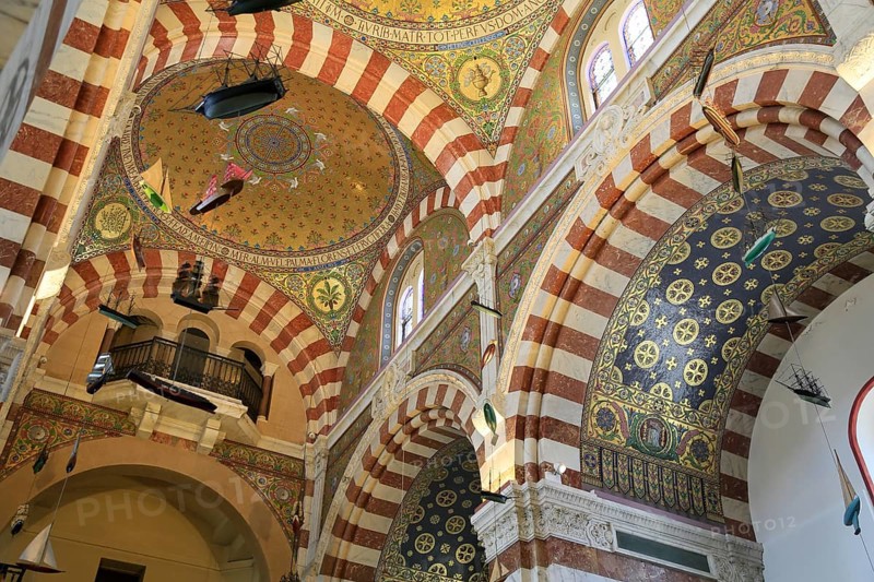 Domes with mosaics, neo-Romanesque-Byzantine Marian pilgrimage church Basilica Notre Dame de la Garde, also known as La Bonne Mere, Marseille, Bouches du Rhone department, Provence Alpes Cote d'Azur region, France, Mediterranean Sea, Europe