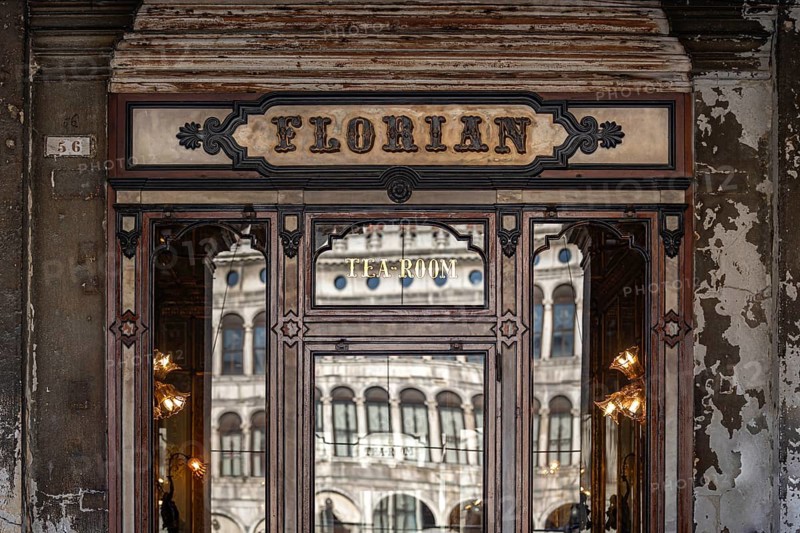 Historic façade of the famous Caffè Florian with reflective windows, Piazza San Marco, symbolic image, Venice, Veneto region, Italy, Europe