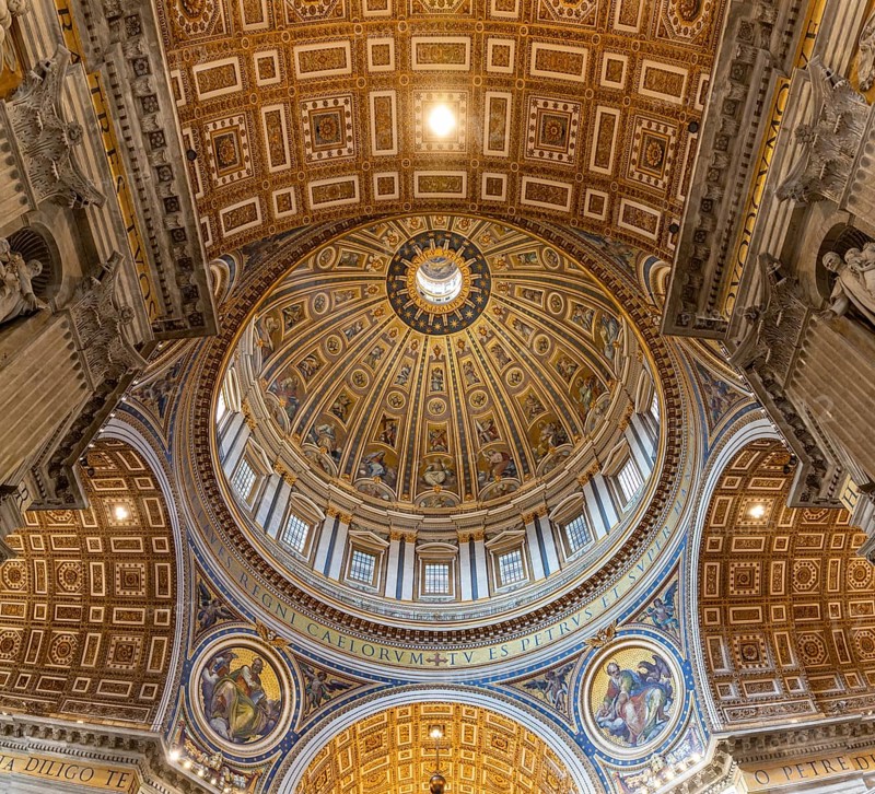 A picture of the huge dome of the St. Peter's Basilica and the surrounding frescoes and architecture as seen from the inside