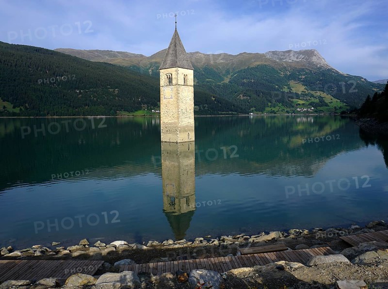 Lake Reschen, sunken church tower, Italy, South Tyrol, South Tyrol, Italy, Reschenlake, Europe