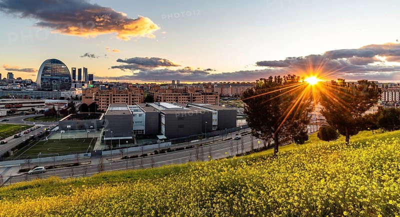 Madrid, Spain, March 7, 2020: Panoramic view of the skyline of Madrid from hill covered with yellow flowers at sunset in springtime, with the rays of the sun going down. Las Tablas, Europe