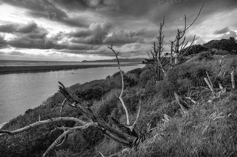 A black and white image of the Mad River in Northern California