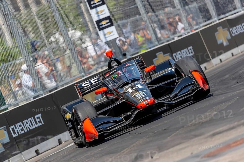INDYCAR driver, SANTINO FERRUCCI (14) of Woodbury, Connecticut, travels through the turns in his AJ Foyt Racing Chevrolet car during a practice session for the Chevrolet Detroit Grand Prix at the Streets of Downtown Detroit in Detroit, MI, USA, North America
