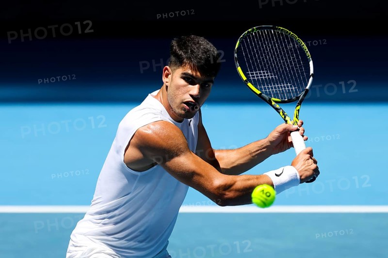MELBOURNE, AUSTRALIA, JANUARY 11: Carlos Alcaraz of Spain completes a training session with Stan Wawrinka of Switzerland ahead of the 2024 Australian Open at Melbourne Park on January 11, 2024 in Melbourne, Australia, Oceania