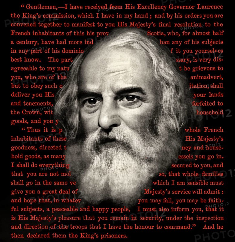 Portrait of Henry Wadsworth Longfellow, 1807 – 1882, American poet, text from Longfellow‘s poem Evangeline, A Tale of Acadie, digitally edited